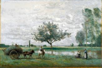 CHARRETTE DE FOIN LONGEANT UNE RIVIERE/ HAY CART ALONG A RIVER