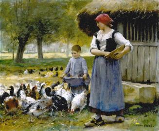 OUVIERE AGRICOLE EN DONNANT A MANGER AUX PUOLETS/FARM GIRL FEEDING CHICKENS