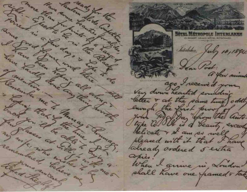 LETTER FROM ALFRED STEGLITZ TO WILLIAM B. POST