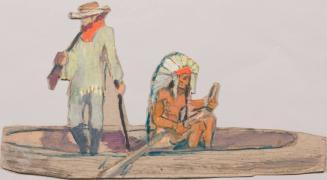 JIM BRIDGER STANDING IN A CANOE MADE FROM A HOLLOW LOG