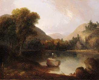 MOUNTAIN LAKE WITH MAN FISHING