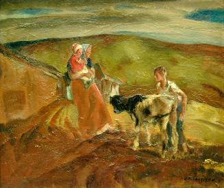 WOMAN AND BOY WITH CALF