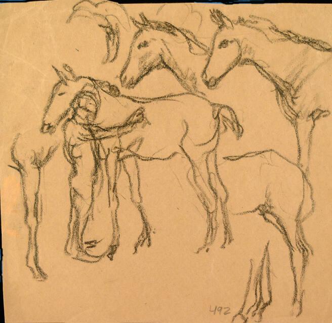 MAN STANDING BY HORSE